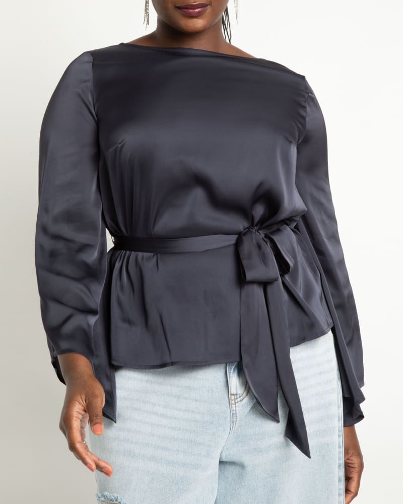 Flare Sleeve Boat Neck Satin Blouse | Navy